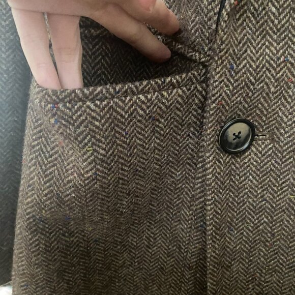 Classic Brown Tweed  Leather Lapel Double-Breasted Blazer Jacket Coat - Picture 2 of 7